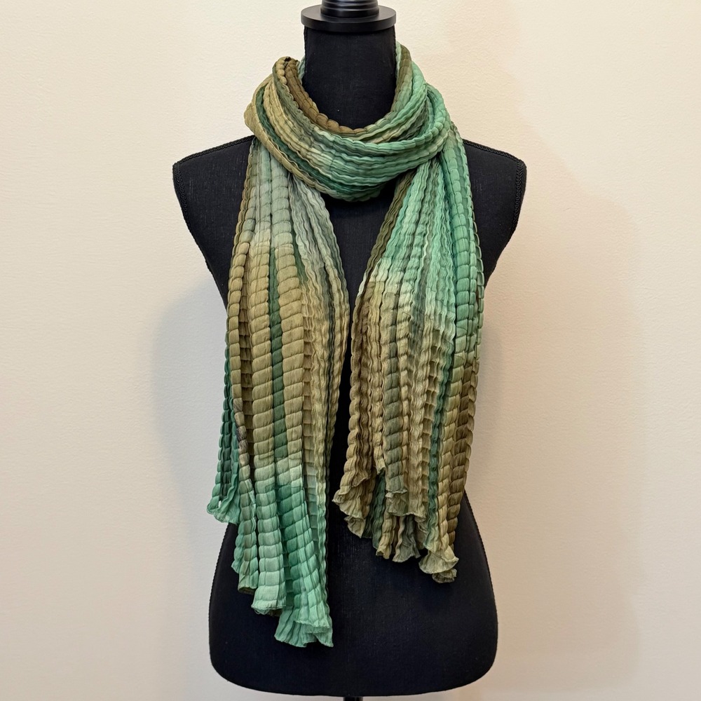 Green Ombre Pleated Scarf Bubble Crinkle Texture Sage Olive Earth Tones Dress